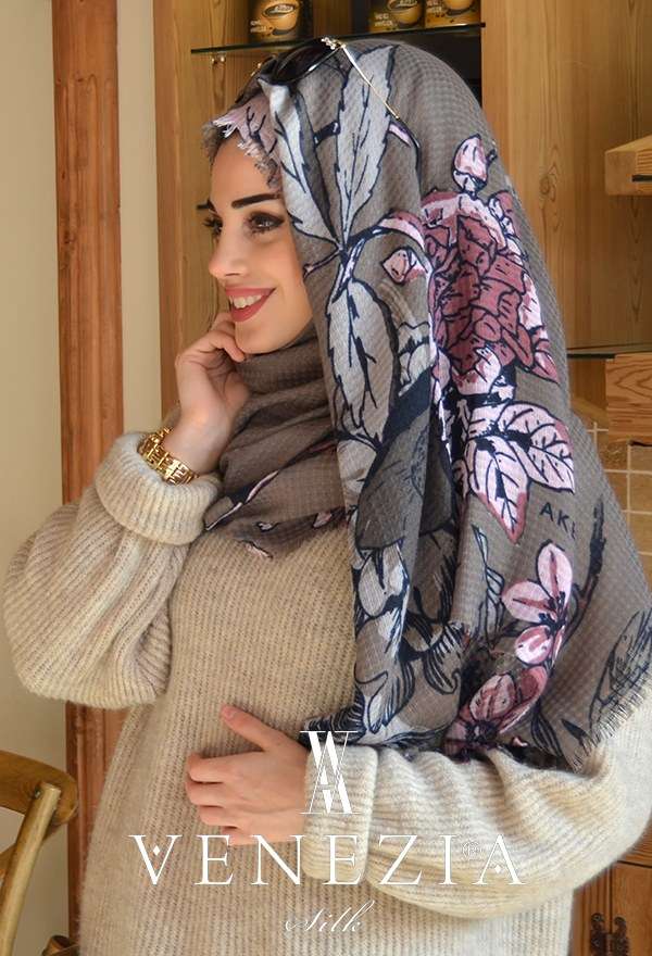 AKEL - Venezia Silk Çiçek Desen Fileli Cotton Şal 31039-005 (1)