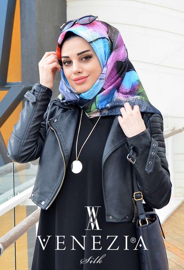 AKER - Twill İpek Eşarp Mavi Karışık Çiçek Desenli Aker Eşarp 3445776-88